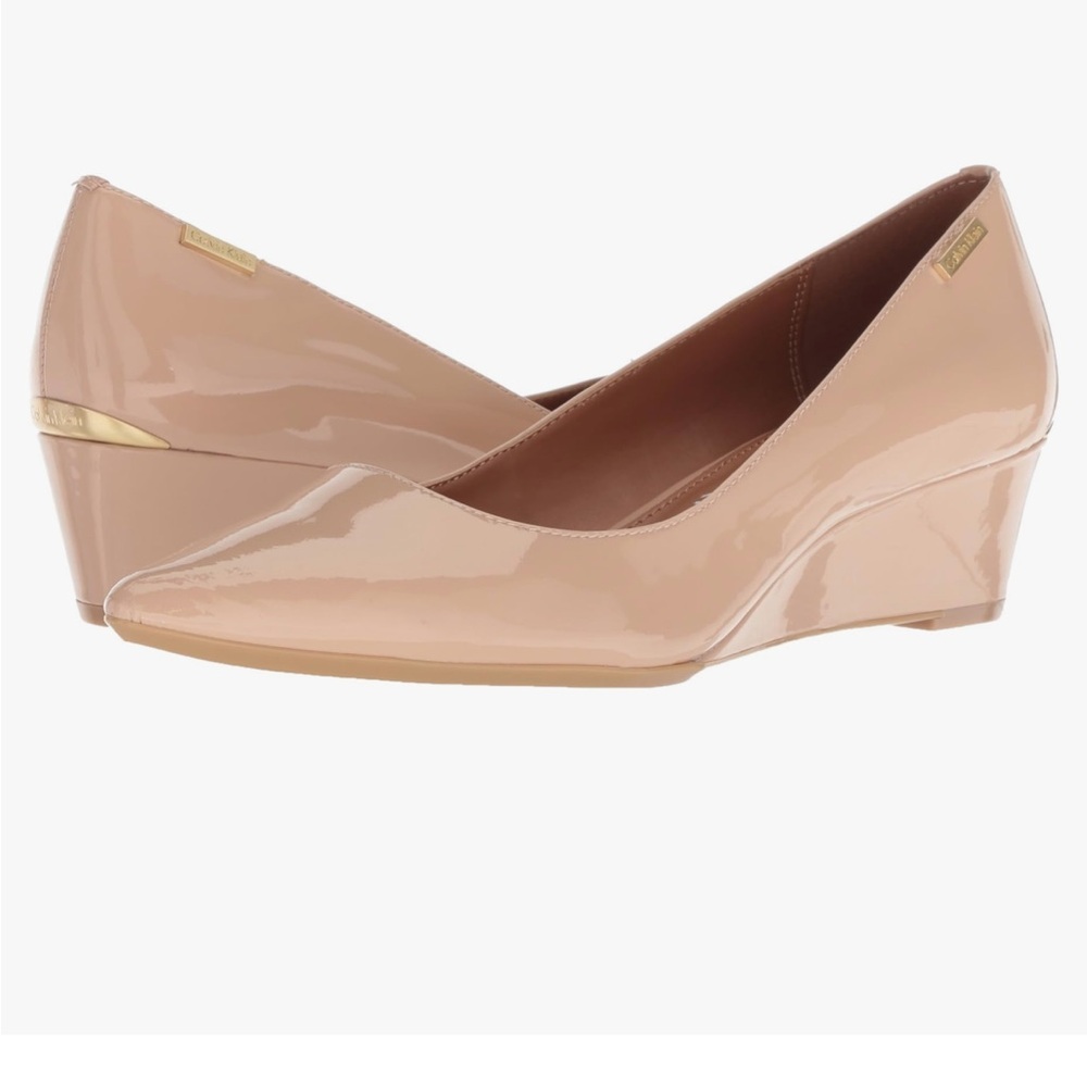 Calvin Klein “Germina” Nude Patent Leather Pumps Wedges Heels